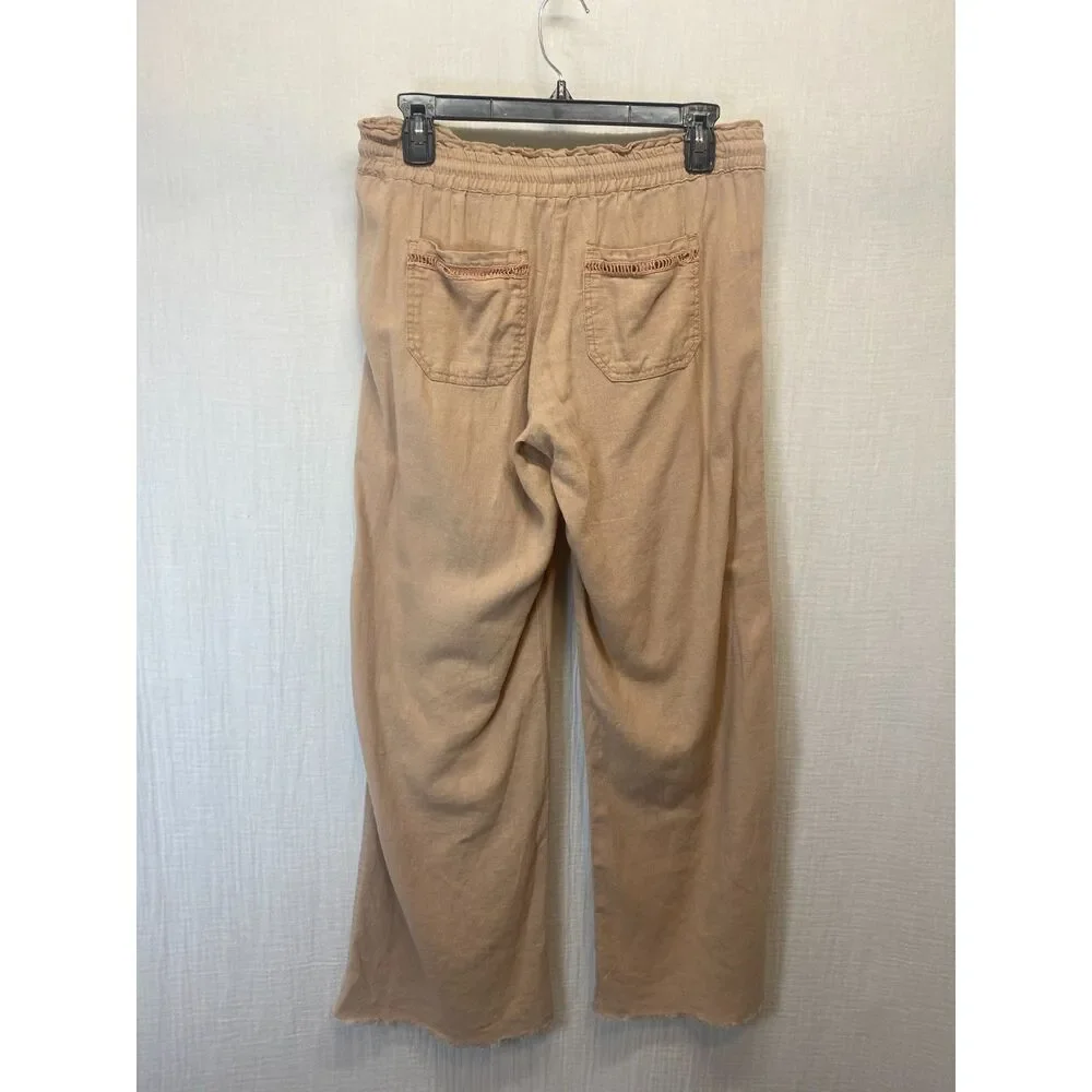 Jolt Linen Blend Drawstring Pants Sz 26 Salmon Raw Hem Embroidered Bohemian